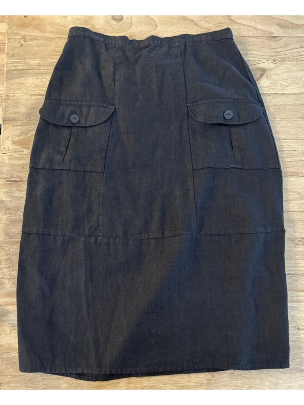 FLAX Jeanne Engelhart Black Skirt Size L Corozo Button Long A-Line Safari NEW
